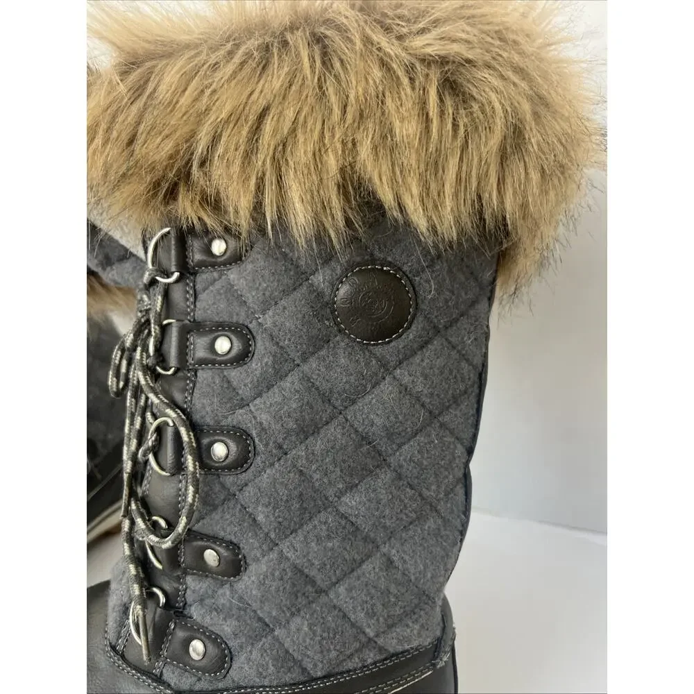 Global Win Women 9.5 Grey Lace-Up Quilted Faux Lambswool Lined Boot W1707-2